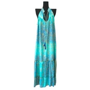 Sunny Oceans Turquoise and Gold Paisley Print Maxi Dress with Tassels